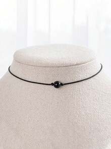 1pc Natural Obsidian Stone Necklace, Handmade Black Cord Woven Necklace, Minimalist Single Bead Necklace, Third Eye Balancing Energy - Black - View 2