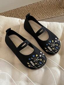 "1 Pair Of 2025 All-Season Must-Have Black Girls' Mary Jane Shoes - Cool Black Double-Sided Knitted + Secret Spot Embroidery Elastic Quick-Click Anti Armor Sole Round Toe Thick Heel Dark Forest Style Children's Flat Shoes For 5-12 Years Old Halloween/Party/School Commuting Shoes!" " - 黑色 - 查看 3