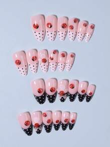 用 24 片 3D 凝胶指甲瓢虫法式杏仁按压指甲改变您的指甲，完美贴合中等长度设计亚克力假指甲，包含 1 片果冻胶和 1 片指甲锉，万圣节指甲，适合女士和女孩日常工作派对使用指甲用品指甲 - 彩色 - 查看 3