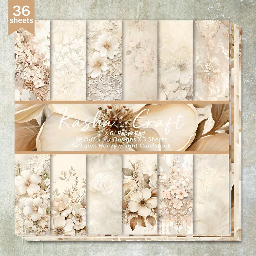 36 tờ giấy nền viền hoa trắng 6 inch dùng làm sổ lưu niệm, thích hợp cho sổ Bullet Journal, sổ lưu niệm, làm thiệp và các dự án thủ công, làm đồ dùng học tập, trở lại trường học - Màu be - Xem 1