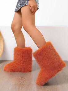 Women's Furry Faux Fur Boots Fuzzy Fluffy Mid Calf Snow Boots Suede Warm Fur Lined Booties Flat Fashion Boots - 橘色 - 查看 4