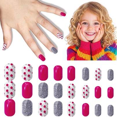 NAIO Pre-Glue Manicure Press On Nails, Cute Style Kids Mini Nails Press On, 'Super Awesome', Multi-Color,Solid Color, Polka Dot Elements, Kids Size, Square, Contains 24 Pieces Fake Nails For Girls Back To School Nail Supplies