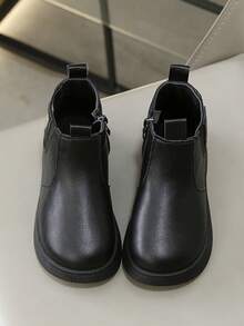 1 Pair Chelsea Boots, Soft & Comfortable Solid Color Matte PU Material, Side Elastic Panel, Round Toe Zipper Design, Warm Thick Sole, Fashionable & Cute Boots Suitable For Boys & Girls Daily Wear, School, Autumn/Winter New Arrival - Black - View 4