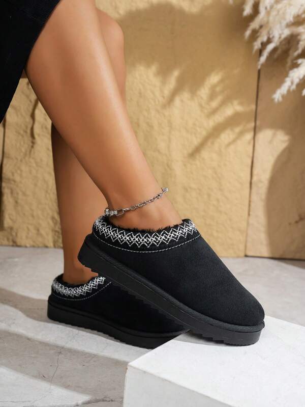 Women's 2025 Autumn/Winter Black Plush House Slippers, Thick Fleece Lining For Warmth, Patterned Anti-Slip Rubber Sole, Suitable For Indoor And Outdoor Wear