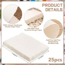 25 Sheets Watercolor Paper, 300 GSM Deckled Edge Paper Rough/Textured Handmade Paper Cotton Paper For Watercolors, Wedding Invitations, Cards, Crafts