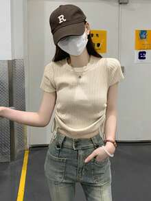 女式纯色收腰褶饰日常夏季短袖针织上衣 - 杏色 - 查看 8