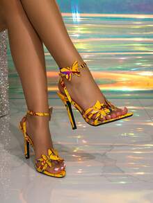 Jin Bei Qi 女士性感闪光 3D 蝴蝶圆头系带优雅迷人时尚派对闪亮金色高跟凉鞋 - 黃色 - 查看 2