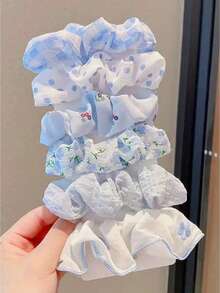 6个装花卉格子发圈，适合青少年，甜美清新风格，可扎马尾辫和丸子头，无卡片包装 - 彩色 - 查看 6