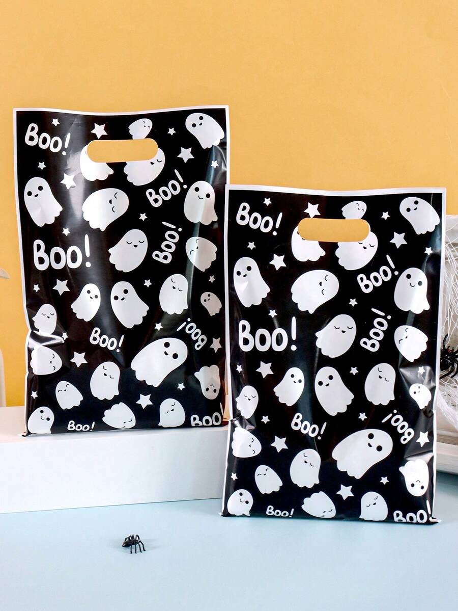 10/20/50 túi quà Halloween đen trắng có quai xách, túi nhựa đựng quà hình ma dễ thương dùng để trang trí tiệc Halloween 2025, túi đựng kẹo hình ma Boo, lễ hội rùng rợn, sự kiện kỷ niệm theo chủ đề đáng sợ, túi đóng gói quà tặng