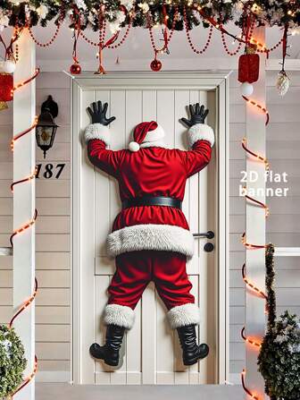 1pc 35.4inX70.8in Merry Christmas Decorative Banner, Fun Santa Claus Porch Doorway Cover, Durable Polyester Material, Suitable For Christmas Party Decor, Winter, New Year, Wall Decor