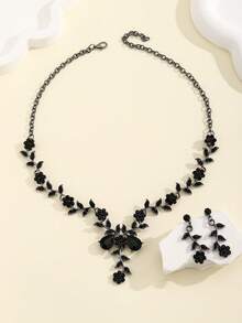 Bộ 3 bông tai cộng với dây chuyền trang sức tinh xảo Thiết kế hoa khảm đá Rhinestone màu đen Biểu tượng của tình yêu bí ẩn Phù hợp với trang phục hàng ngày Ngày lễ tình nhân - màu đen - Xem 5