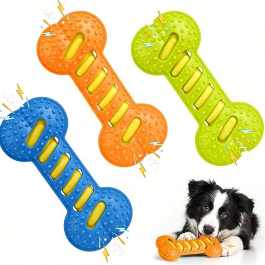 1pc Dog Chew Toy With Sound, Interactive Training Toy Bone, Durable Rubber Toy For Pet Boredom Relief - Cute Cartoon Dog Chew Toy, Essential Pet Accessory! Cartoon Style, Colorful, Bone Shaped, Durable Details, Sound Function, Suitable For Daily Play/Training/Holiday Celebration - Multicolor - View 1