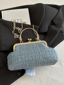 2025新款亮片链条晚宴手拿包，时尚奢华女士手提包、单肩包、斜挎包，纯色夹扣链条托特包（花卉图案随机分布），亮片 - 藍色 - 查看 10