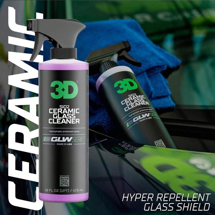Limpiador de vidrio cerámico 3D de SiO2, Serie GLW | Repelente al agua y la lluvia | Limpiador de vidrio cerámico protector para todo tipo de clima | Seguro para ventanas y espejos con y sin tinte | Detallado de automóviles DIY | 16 Oz - Paquete de 16 onzas líquidas - Añade 3