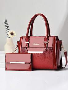 2-Piece Elegant Two-Tone Tote Bag And Slim Shoulder Bag Set - Brown And Black, Large Capacity, Zipper Closure, Fashionable Office/Commute Bag, Office Bag | Fashionable Shoulder Bag | Zipper Bag - Multicolor - View 7