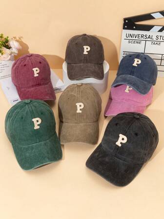 1 pièce Casquette de baseball simple lavée avec patch lettre P pour femmes, casquette de baseball décontractée mignonne avec appliqué lettre P, pour toutes les saisons