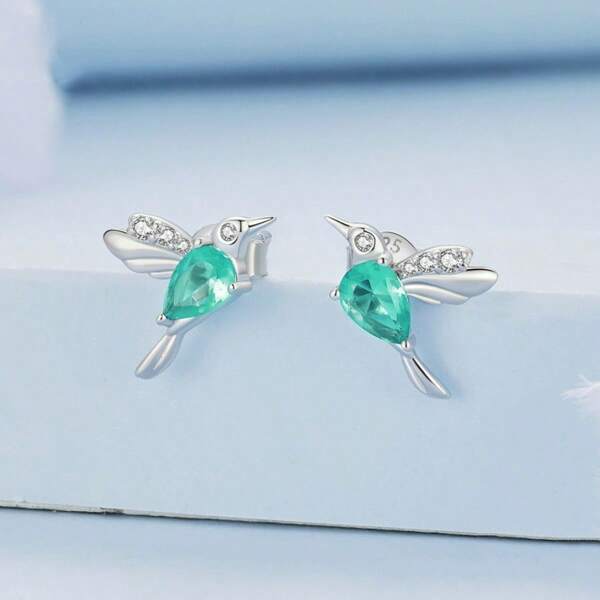1 Pair Fashionable Women's Cute Bird Earrings Inlaid With Turquoise And Cubic Zirconia, Suitable For Daily Wear And Gifting