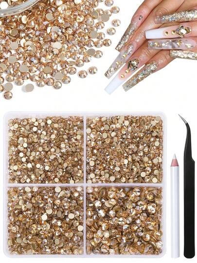 3200pcs Gold Flat Bottom Rhinestones For Nail Art, Champagne Glass Rhinestones SS10/12/16/20, Face Gems Nail Decor With Wax Pencil & Tweezers Nails