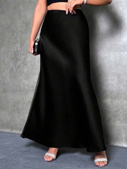 Plus Size Women Elegant Maxi Satin Skirt, Solid Color Black Spring