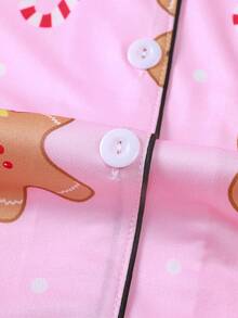 2pcs Christmas Cookie & Candy Print Pajama Set For Women, Comfortable Lapel Button Short Sleeve Top And Elastic Waist Shorts, Casual Outdoor & Homewear