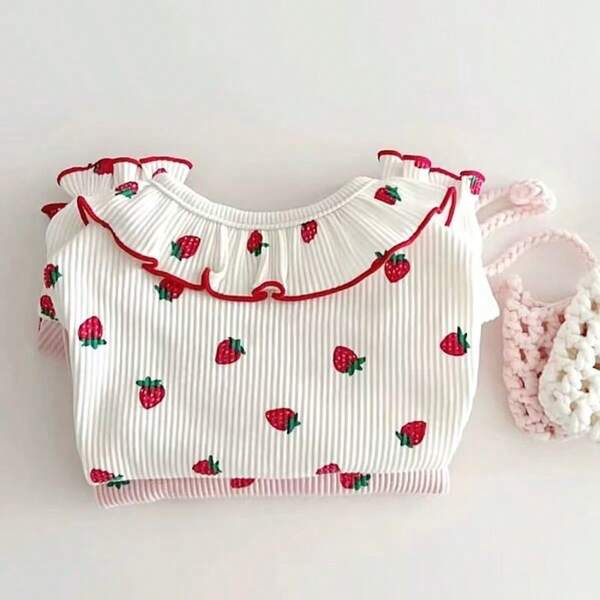 1pc Lightweight Breathable Pet Clothes, Stretchy Floral Ruffle Strawberry Design For Happy Puppy, Kitten, Poodle, Pomeranian, Small Dog Breeds, Summer