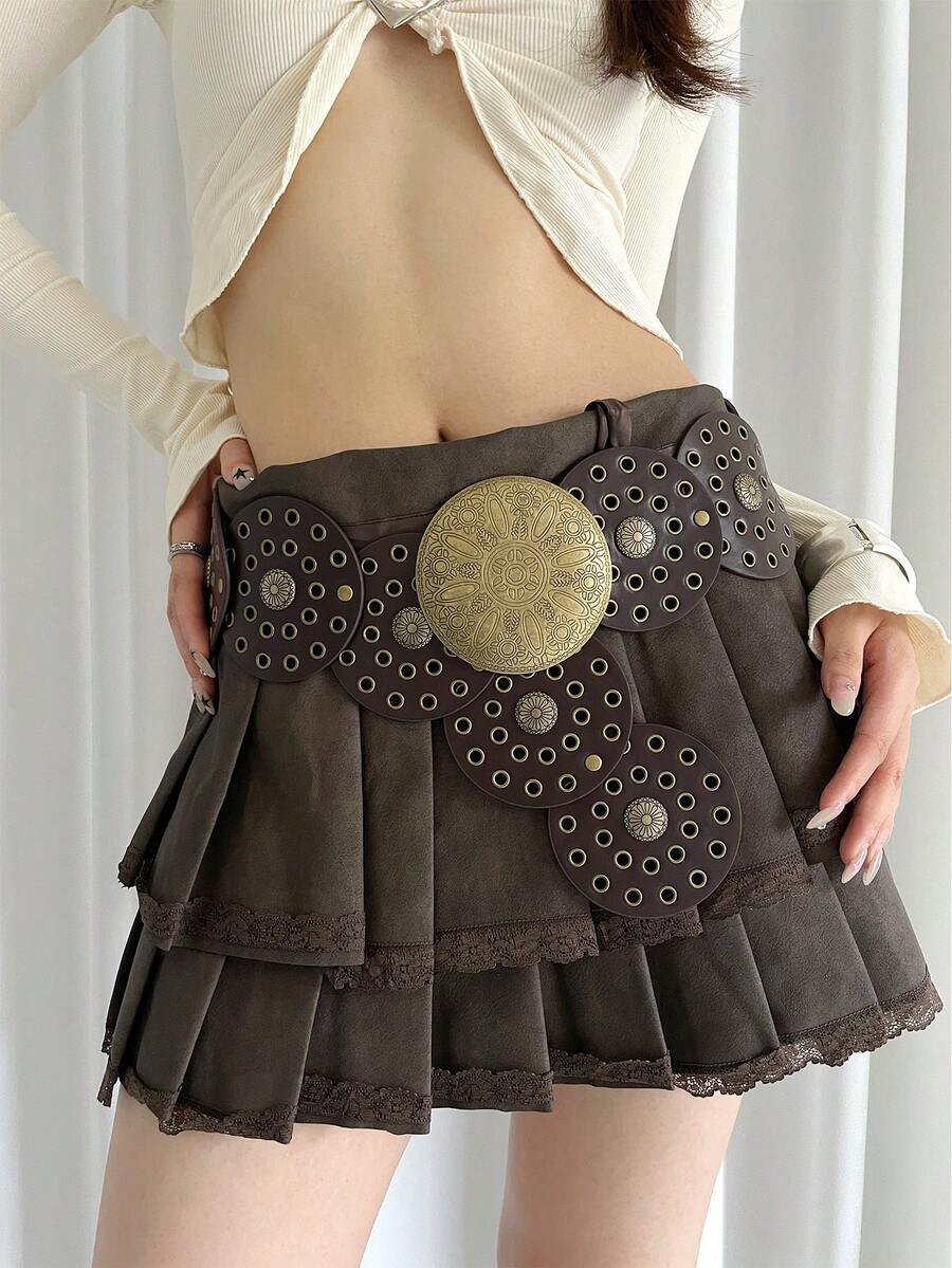 1 件女士 PU 摩卡棕色西部镂空金属索环圆形腰带秋季、秋季、万圣节 - 摩卡棕 - 查看 1