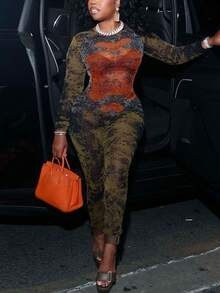 Tuta lunga aderente in vita alta con zip, maniche lunghe, stampa grafica e dettagli in rete, sexy - Arancione - Visualizzare 3