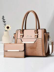 2-Piece Elegant Two-Tone Tote Bag And Slim Shoulder Bag Set - Brown And Black, Large Capacity, Zipper Closure, Fashionable Office/Commute Bag, Office Bag | Fashionable Shoulder Bag | Zipper Bag - Multicolor - View 10