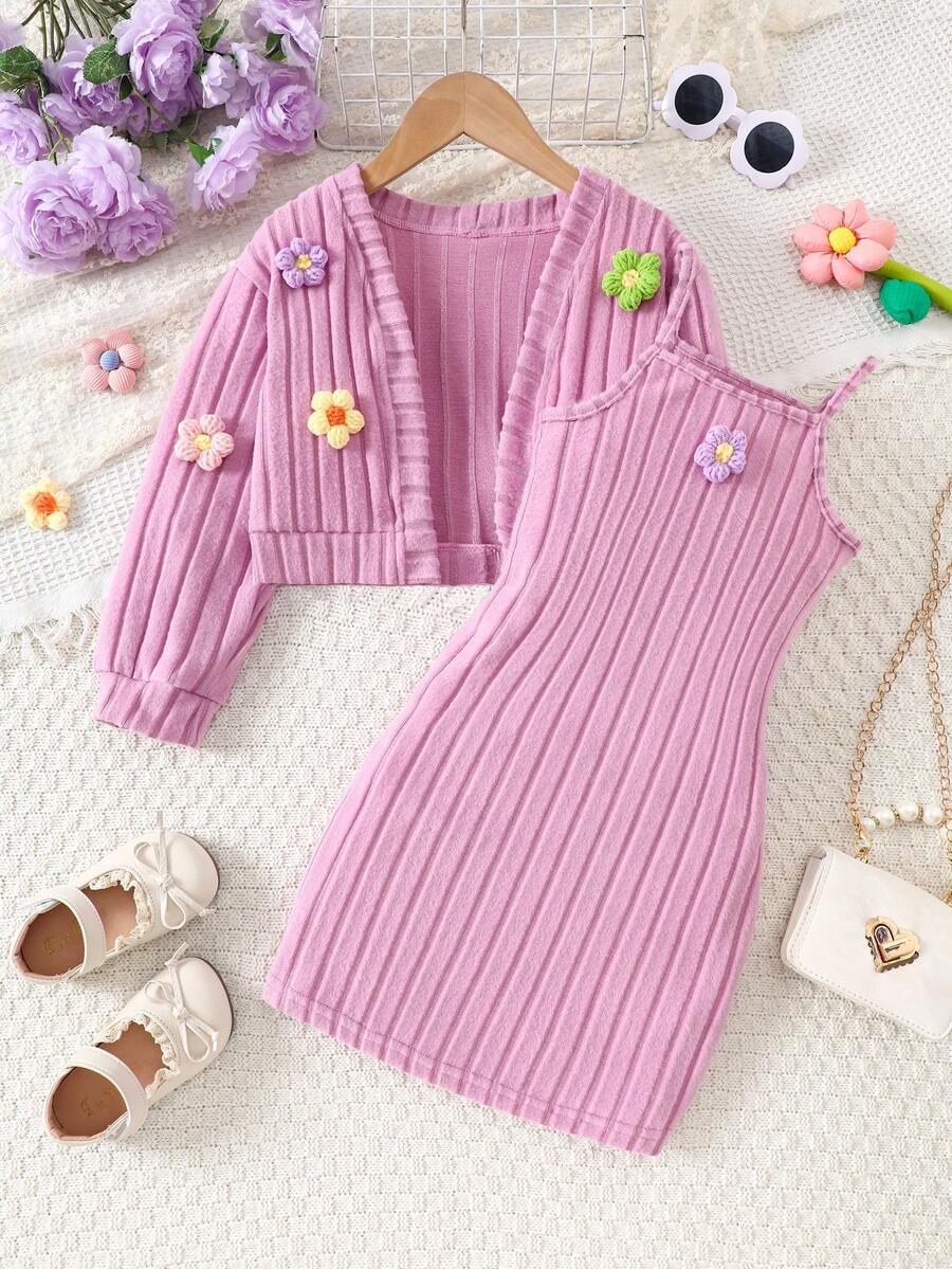 2pcs Autumn/Winter Floral Knitted Cardigan + Bodycon Slip Dress Set, Soft & Comfortable, Fashionable Casual Outfit For Young Girls - Purple - View 1