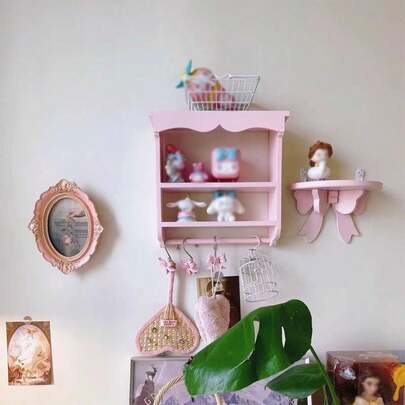 1pc Girly Bedroom Decor Wall-Mounted Wooden Shelf, No Drilling Required, Pink Bow Wall Hanging Rack