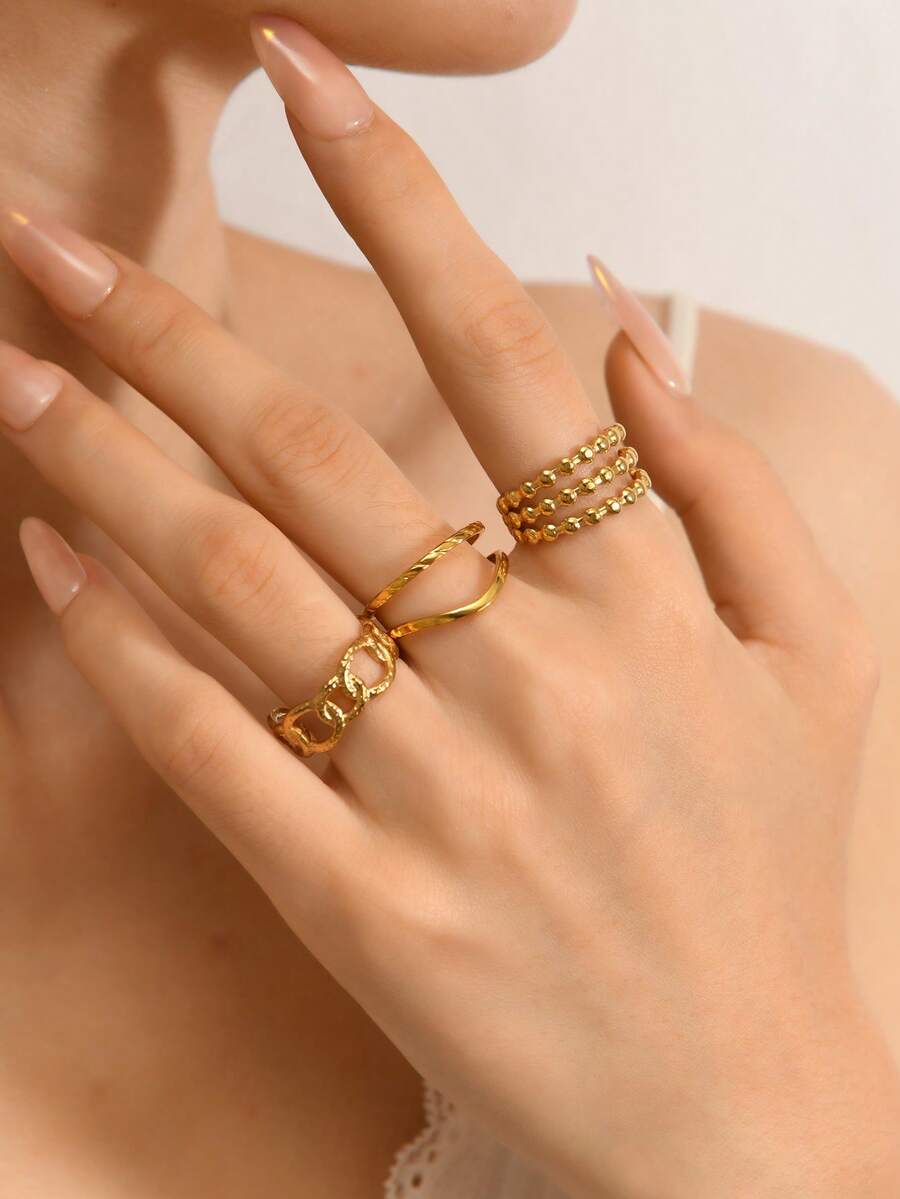 Set de 3 anillos decorativos de línea hueca de acero inoxidable minimalista, adecuado para mujeres y hombres, para uso diario, festivales, citas, compromisos, bodas y viajes - Dorado - Ver 1