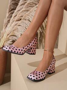 法式复古玛丽珍鞋，新款春季女士高跟鞋，韩版大码真皮鞋，纯色优雅方头粗跟鞋，优雅，派对，波点 - 粉色 - 查看 2