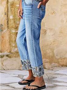 Women's Mid Rise Straight Leg Roll Hem Floral Embroidery Bohemian Denim Crop Jeans