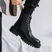 Chunky Sole High-Top Lace-Up Boots,  Streetwear Style Footwear With Durable Upper & Thick Non-Slip Outsole, Fashionable Casual Ankle Boots For Daily Wear & Urban Outfits - màu đen - Xem 4