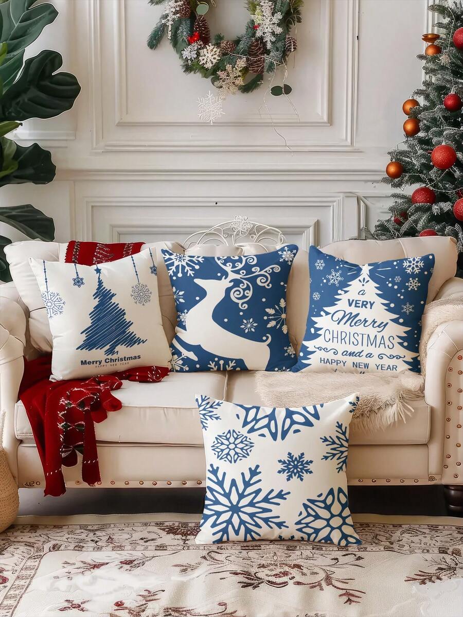 4 Stück Weihnachts-Bestseller Samt Soft Touch, modischer Stil Weihnachtsmann, Weihnachtszahlen, Rentier, Schneemann, Schneeflocke, Weihnachtsdekoration, Weihnachtsgeschenk, Weihnachtsdeko, hypoallergenes Polyestermaterial, verdeckter Reißverschluss, ohne Füllung, geeignet für Heimdekoration, Wohnzimmerdekoration, Kissenbezug, Sofakissenbezug, dekorative Sofaauflage, Heimdekoration, Polsterbezug, weiche Auflage.