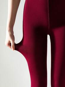 1 par de medias de mujer de color rojo vino de felpa, leggings delgados y elásticos forrados con pelusa para otoño y primavera
