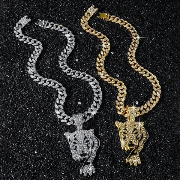 New Men's Full Rhinestone Chain Necklace, Personalized Hip Hop Style Leopard Head Pendant, Fashion Cool Fierce Leopard High-End Hiphop Cuban Link Wholesale