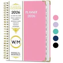 2026/1-12 A5 Planner Notebook, 71 Sheets/142 Pages - Monthly & Weekly Calendar, Pink & Gold Edges, Elastic Closure, Inner Pocket, Ideal For Office & School Organization
