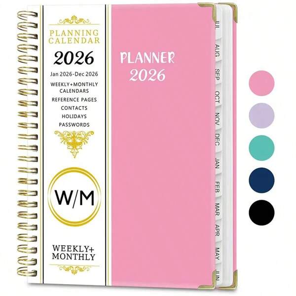 2026/1-12 Cahier de planificateur A5, 71 feuilles/142 pages - Calendrier mensuel et hebdomadaire, bords roses et dorés, fermeture élastique, poche intérieure, idéal pour l'organisation du bureau et de l'école