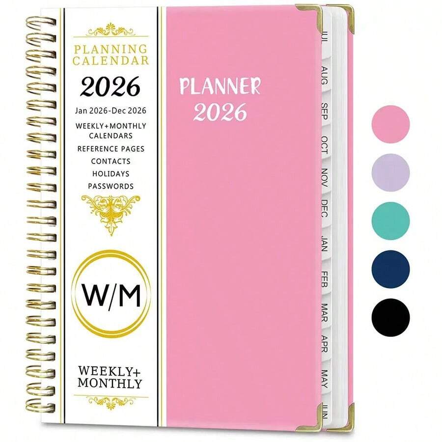 2026/1-12 A5 Planner Notebook, 71 Sheets/142 Pages - Monthly & Weekly Calendar, Pink & Gold Edges, Elastic Closure, Inner Pocket, Ideal For Office & School Organization