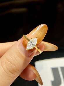 1 pieza 1 quilate Anillo de compromiso de mujer con diseño de seis garras con forma de ojo de caballo, color D, diamante Moissanite, plata de ley 925, anillo simple y romántico, anillo de eternidad, anillo de aniversario de boda, joyería de lujo, regalo de aniversario de boda para mujer - Dorado - Ver 2