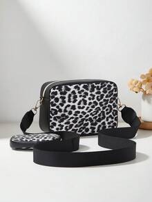 1 pieza Bolso pequeño para niñas con patrón de olas y letras en relieve, billetera para teléfono y monedero - Leopardo blanco y negro - Ver 4