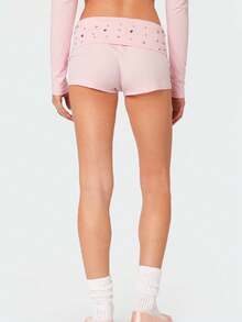 Women Y2K Studded Foldover Micro Shorts Vintage Low Waist Slim Fit Mini Shorts Summer Boxer Short Party Clubwear - 粉色 - 查看 5