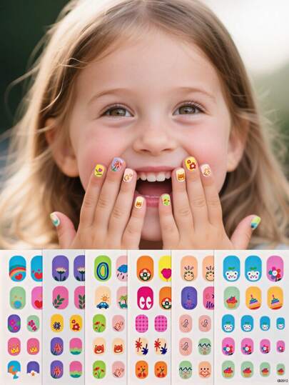 6 Sheets(108pcs) Package Flower Pattern Kawaii Bow Design Cartoon Nail Art Stickers, Pink Rabbit Kids' Nail Sticker For Children's Nail Decoration/ Children Gifts