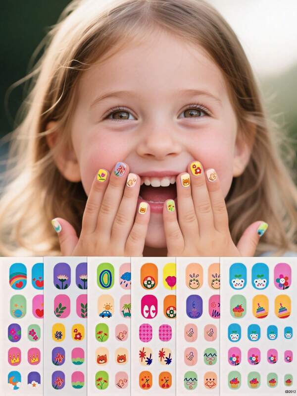 6 feuilles (108 pièces) Autocollants d'art pour ongles avec motifs de fleurs, nœuds kawaii et lapins roses, pour la décoration des ongles des enfants / Cadeaux pour enfants