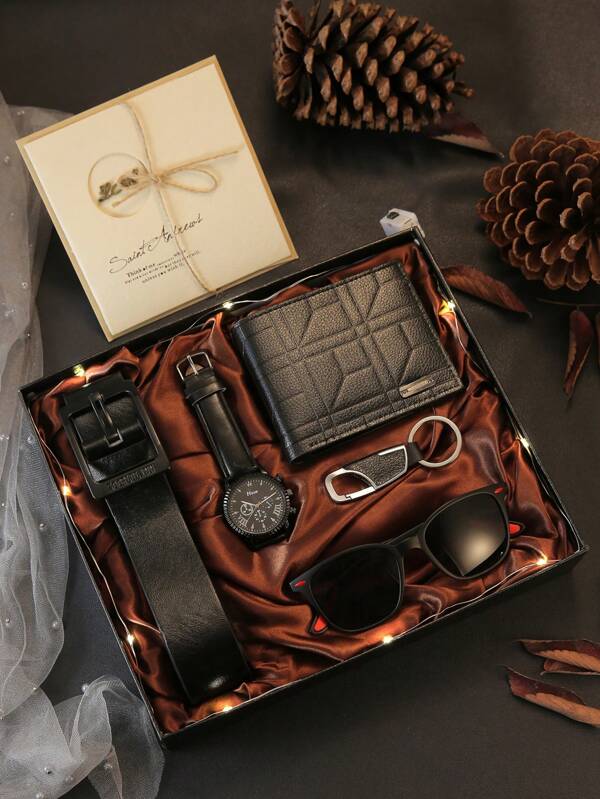 Set de 7 piezas de reloj de moda casual clásico, billetera, cinturón, gafas de sol, llavero, luz LED y tarjeta de felicitación con caja de regalo, regalo perfecto para él en días festivos, cumpleaños, Día del Padre, accesorios diarios