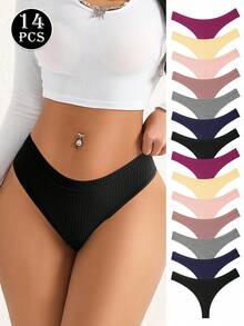 14-Pack Simple Ribbed Women's Underwear Cotton Soft And Comfortable Sexy Thong, Fashionable Solid Color Women's Underwear, XS-XL Size Optional, Spring And Summer Low Waist Seamless Women's Sexy Shorts, Bikini Underwear - 彩色 - 查看 4