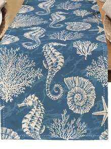 1pc Seahorse Print Table Runner, 4pcs Seahorse Print Placemats, Suitable For Festivals, Parties, Birthdays, Dinners, Kitchen & Dining Table Decor, Applicable All Year Round For Home Decoration And Textiles