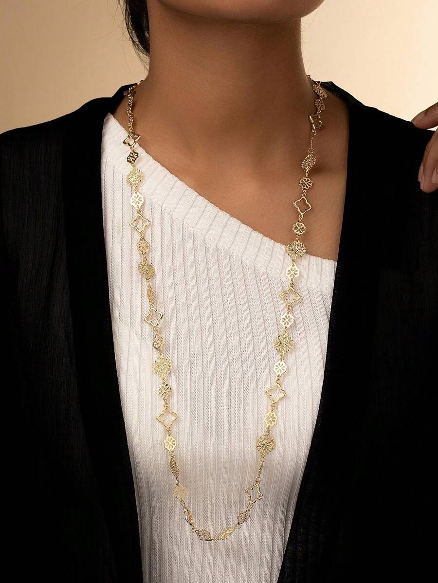 1pc Elegant Casual Hollow Flower Decor Multilayer Long Necklace, Suitable For Women's Daily, Party, Event Wear
