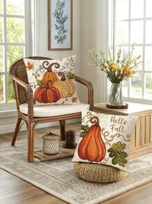 2 件乡村风秋季南瓜抱枕套短毛绒涤纶拉链靠垫套，带有秋叶和“Hello Fall”文字，适用于门廊、露台、沙发、客厅室内/室外装饰（无插入物），秋季家居装饰